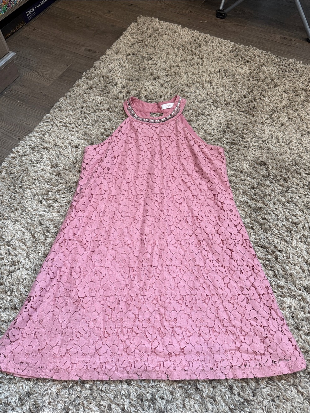 Pink Lace Halter Dress with Beaded Neckline